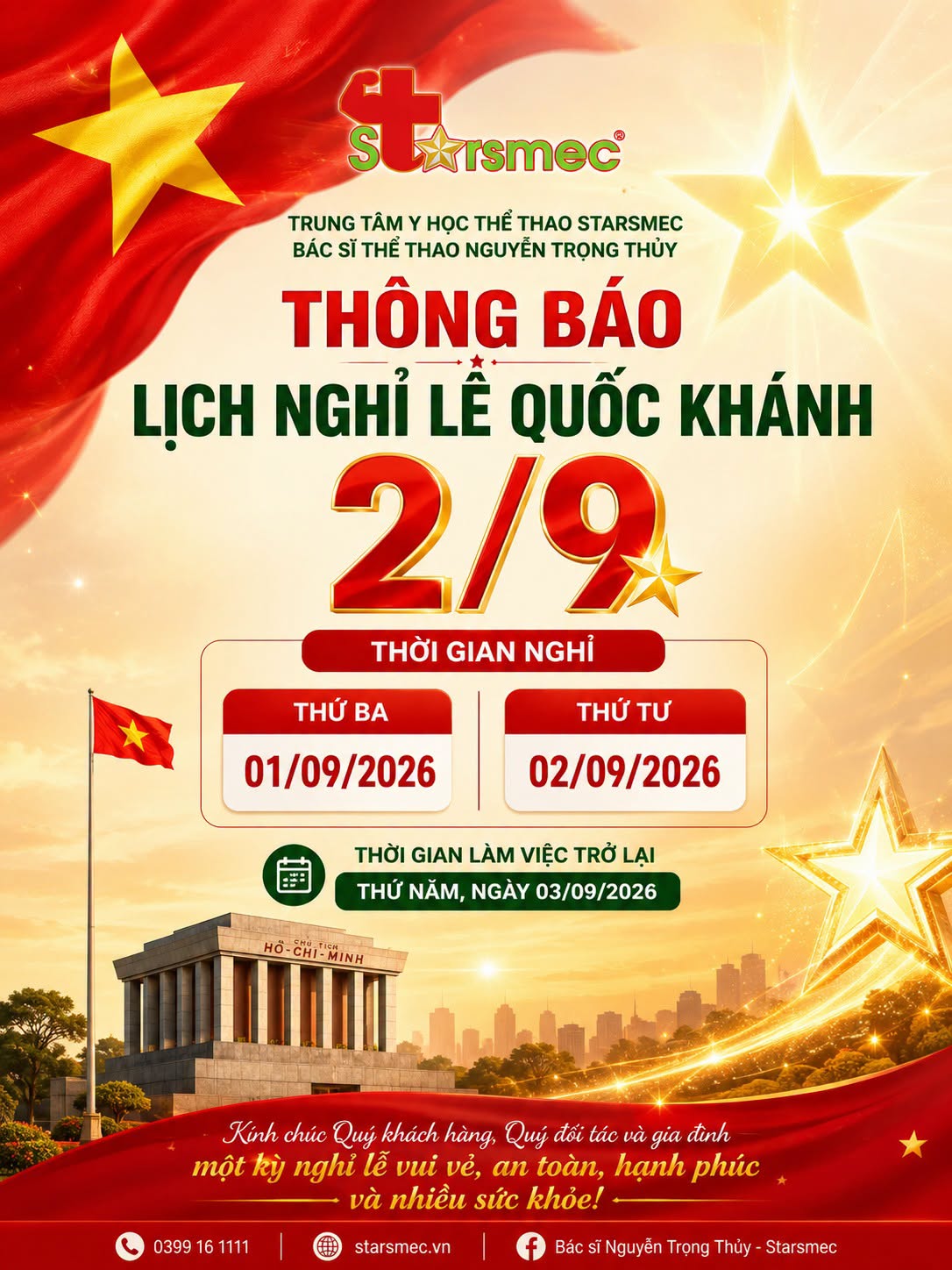 STARSMEC - THÔNG BÁO LỊCH NGHỈ LỄ QUỐC KHÁNH 2/9