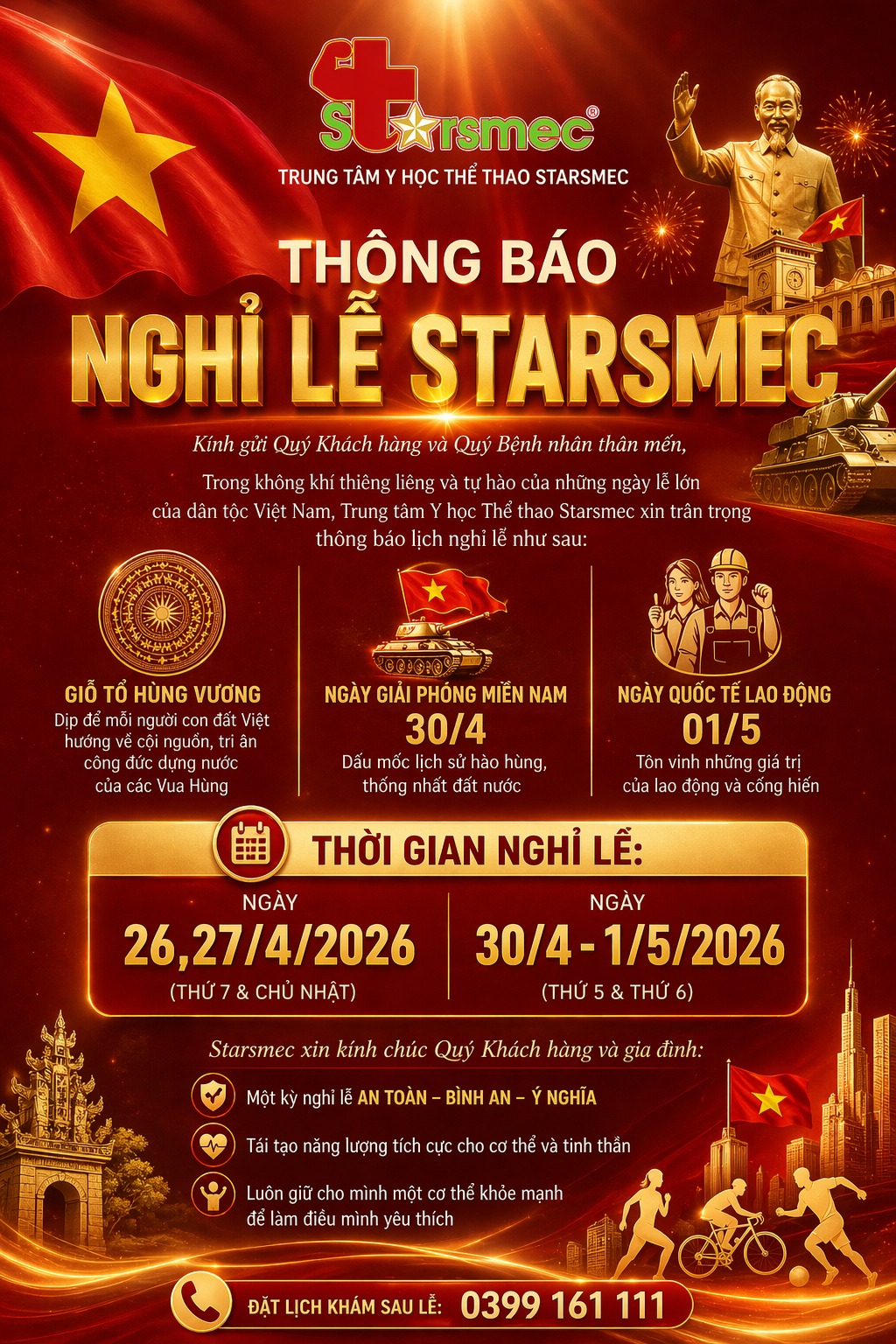 STARSMEC - [THÔNG BÁO] LỊCH NGHỈ LỄ GIỖ TỔ HÙNG VƯƠNG, 30/04 & 01/05/2026