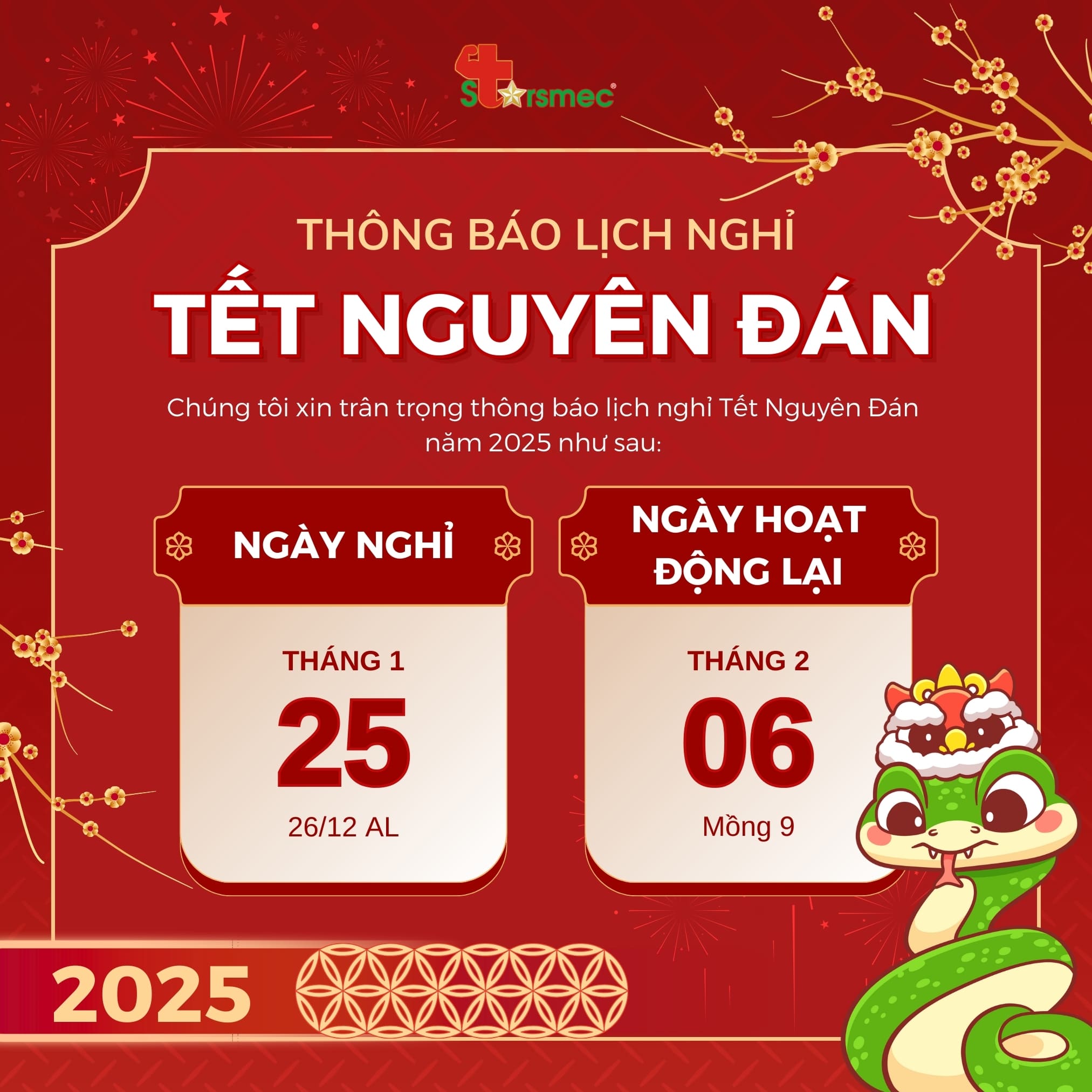 THÔNG BÁO LỊCH NGHỈ TẾT NGUYÊN ĐÁN ẤT TỴ 2025